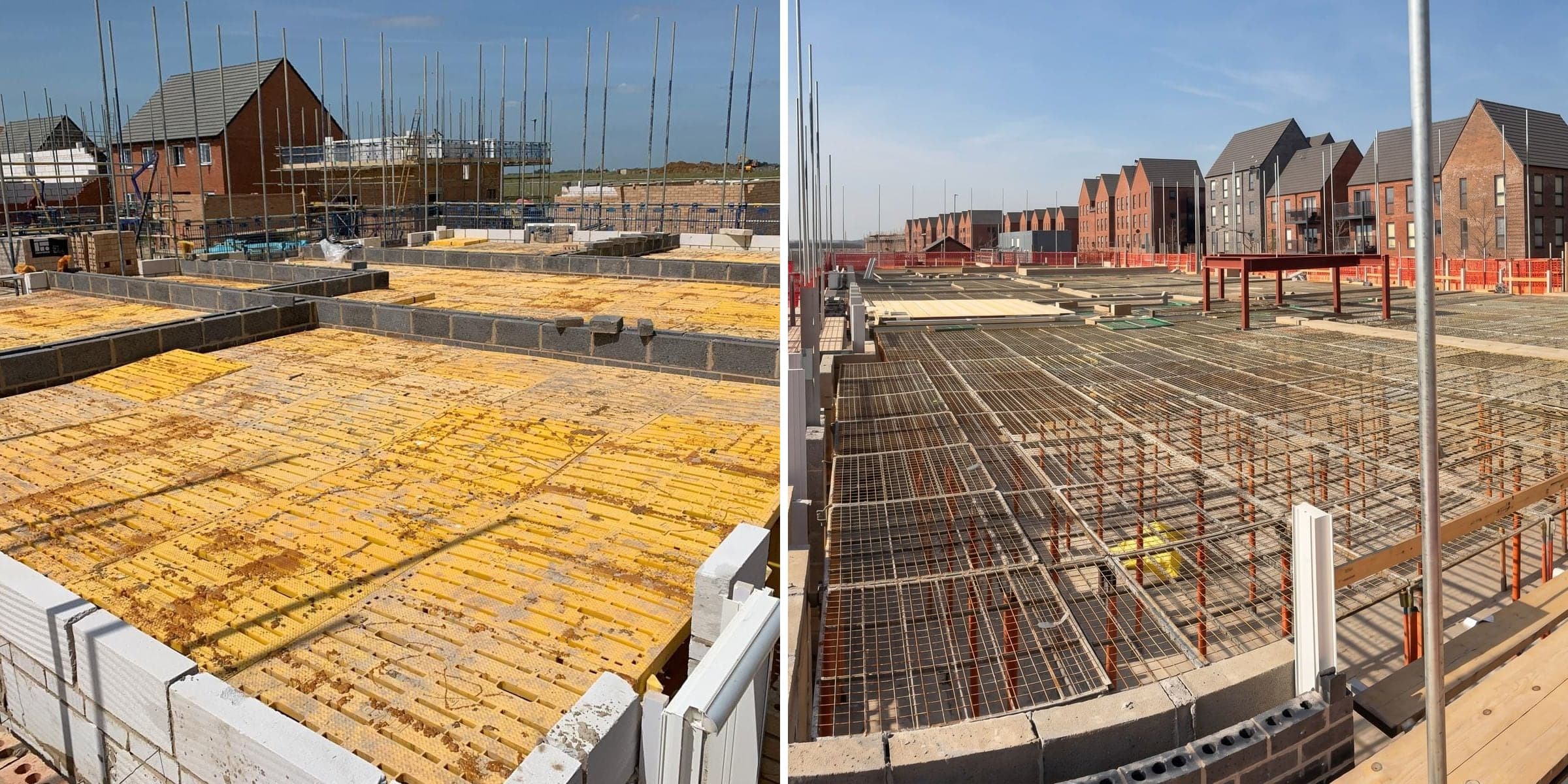 Side by side: yellow Trad Deck across new-build plots (left) and G-Deck Lite steel mesh decking (right)
