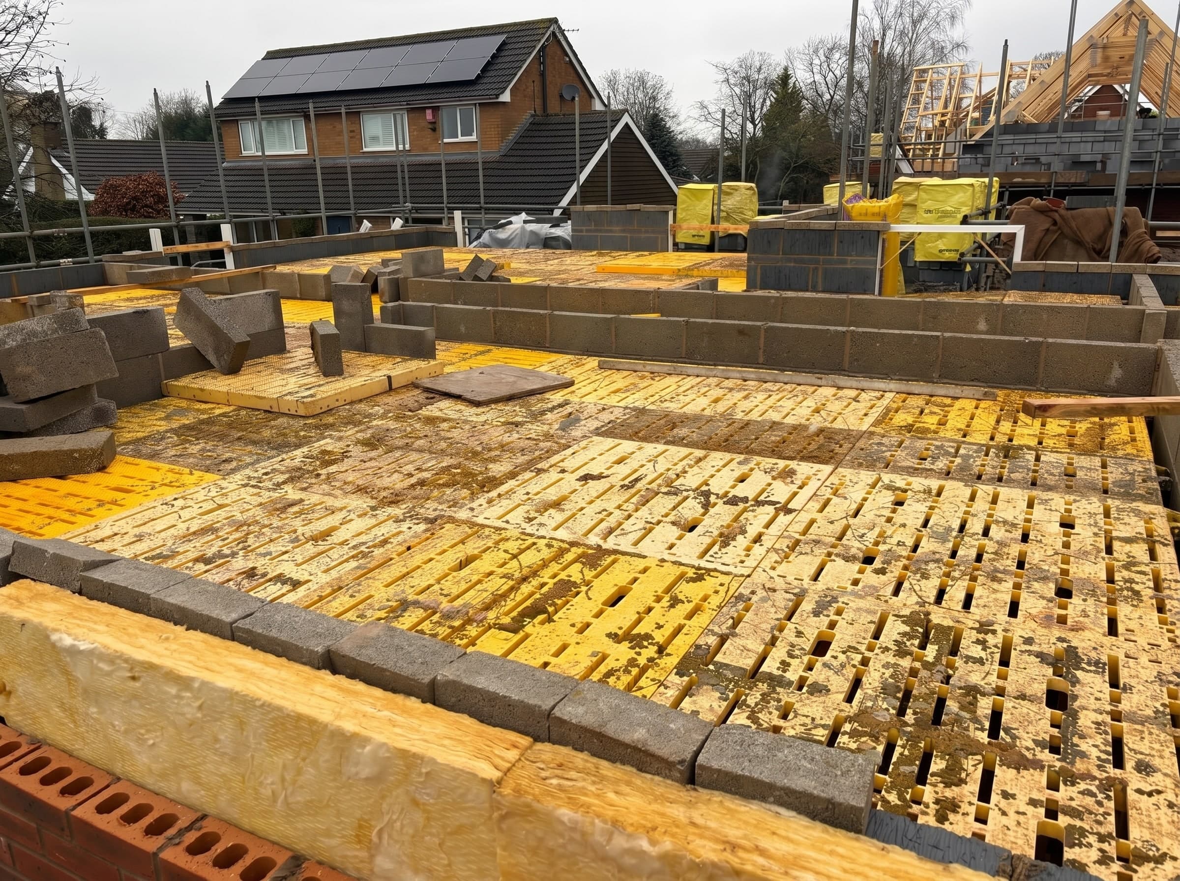 Trad Deck fall-prevention platform installed across a house plot, blocks staged for the next lift